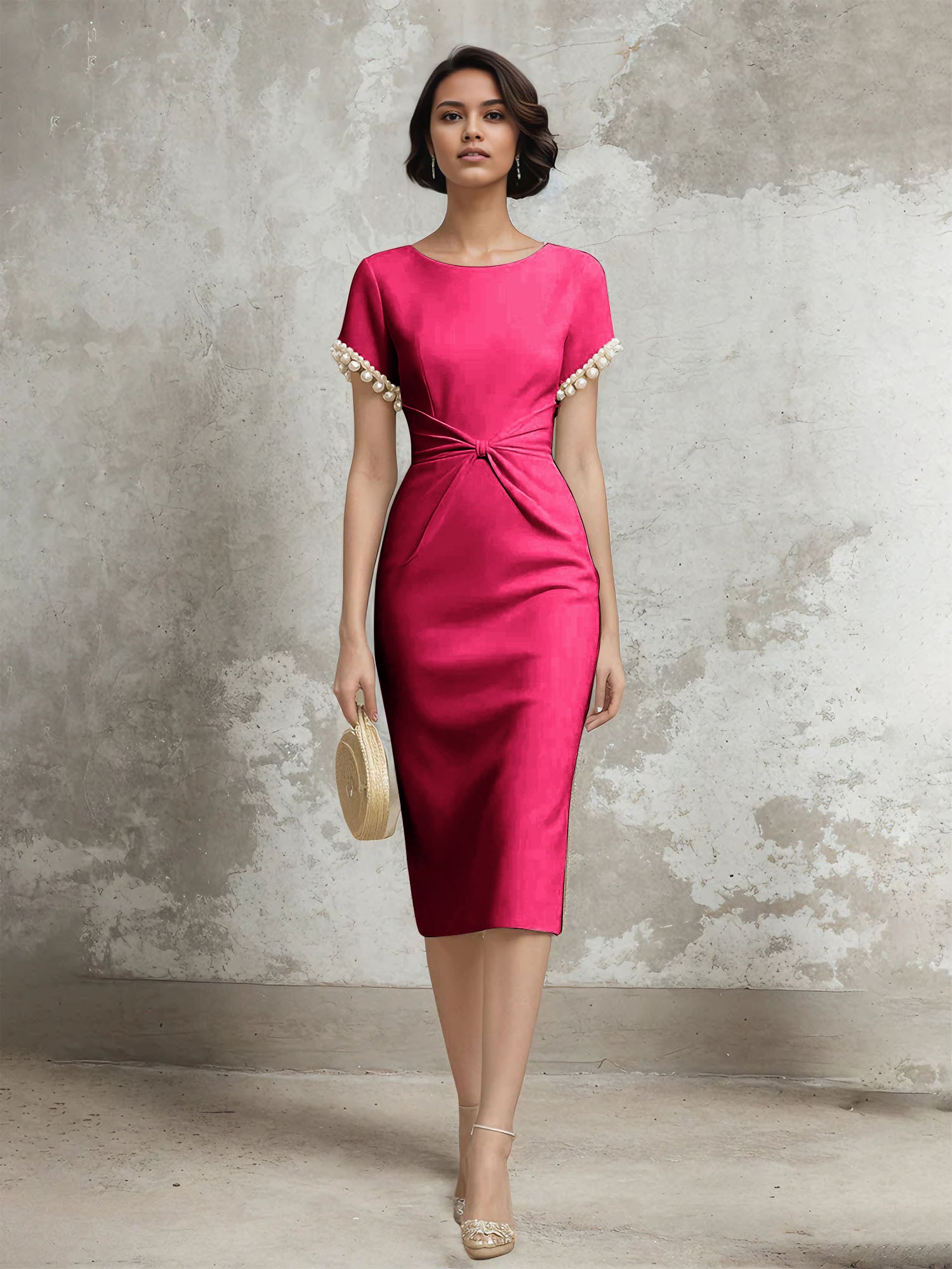 Column Short Sleeve Tea Length Dress With Pearls