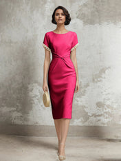 White Stretch Crepe Sheath/Column Short Sleeve Tea Length Dress With Pearls