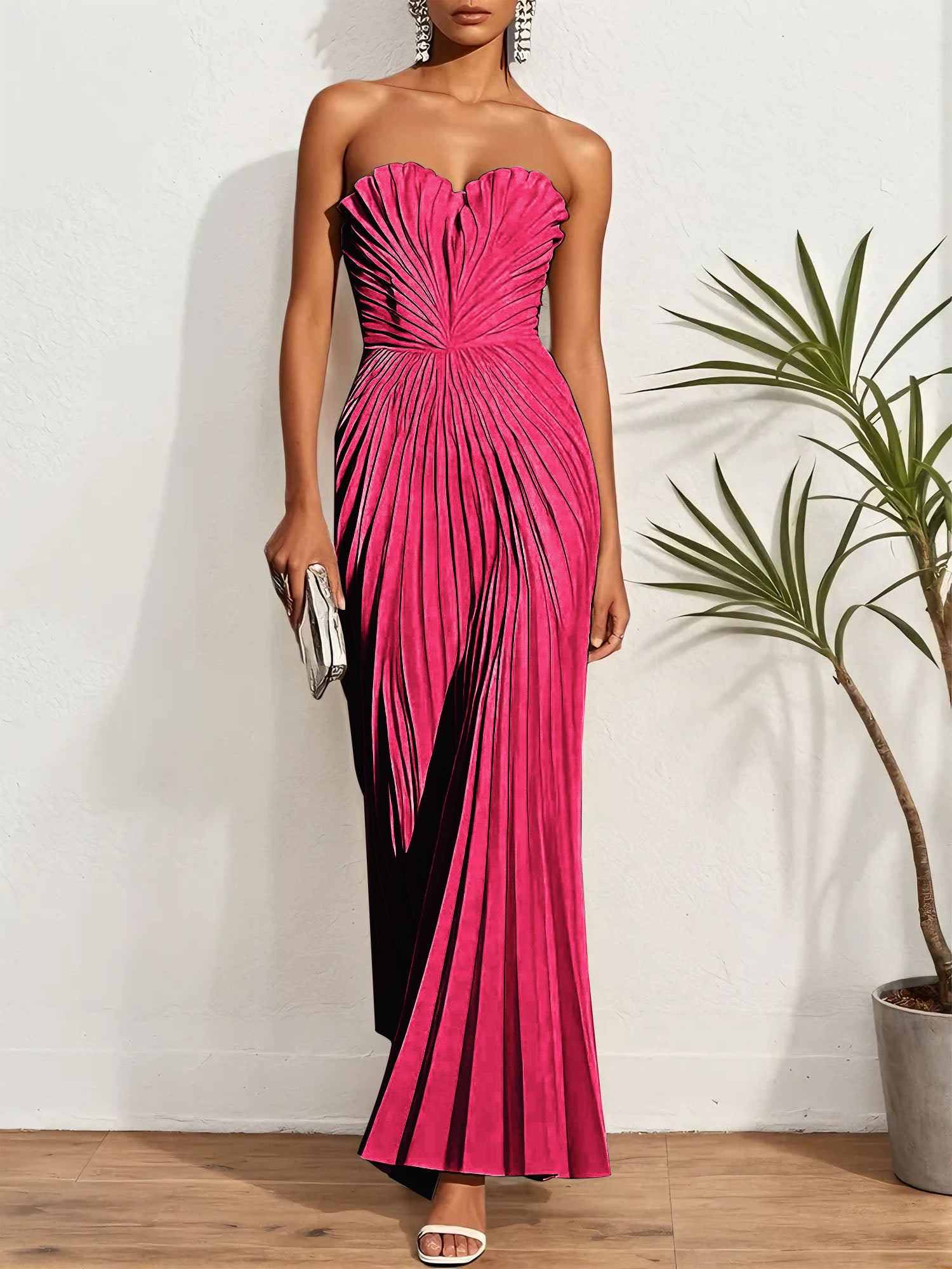 White Pleated Classic Strapless Sleeveless A-Line Maxi Dress