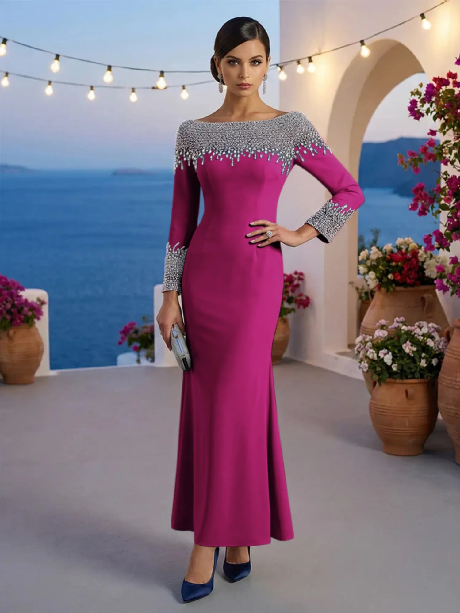 Formal Evening Dress Blue Velvet Long Sleeves Maxi Dress with Crystal