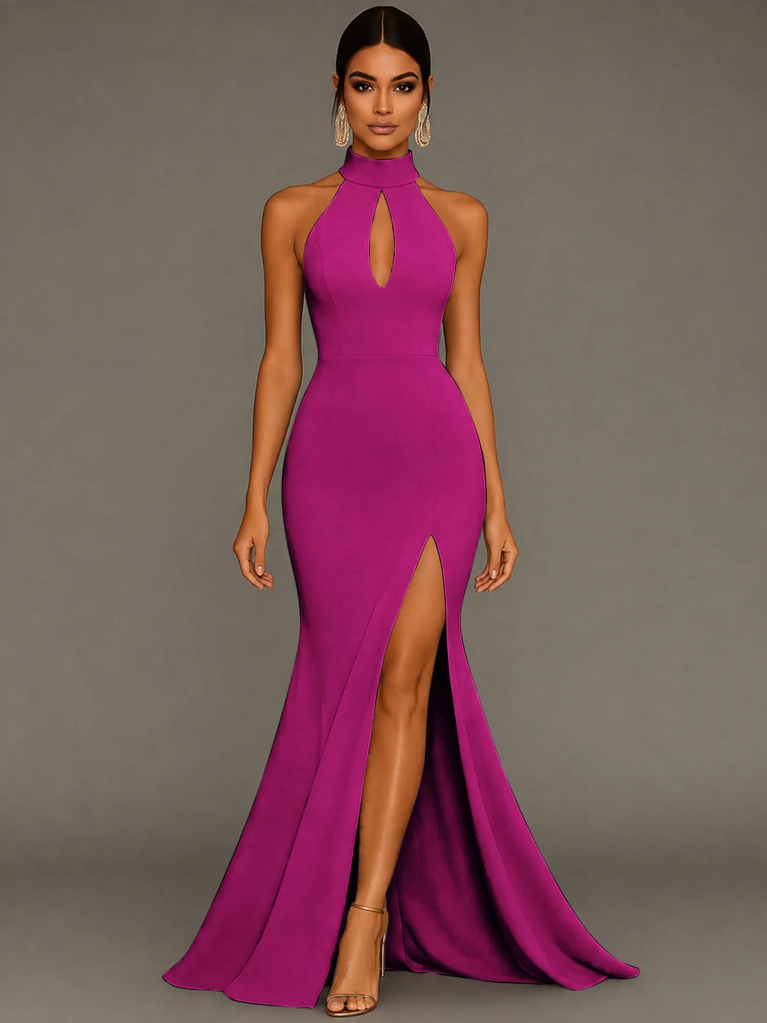 Mermaid Halter Neck Satin Formal Dress with Slit
