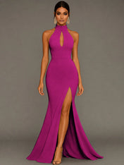 Mermaid Halter Neck Satin Formal Dress with Slit