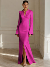 Formal Yellow V Neck Long Sleeves Floor Length Dress With Slit