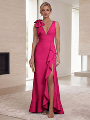 Ice Blue Bow-Accent Ruffle Slit Gown Formal Evening Dress