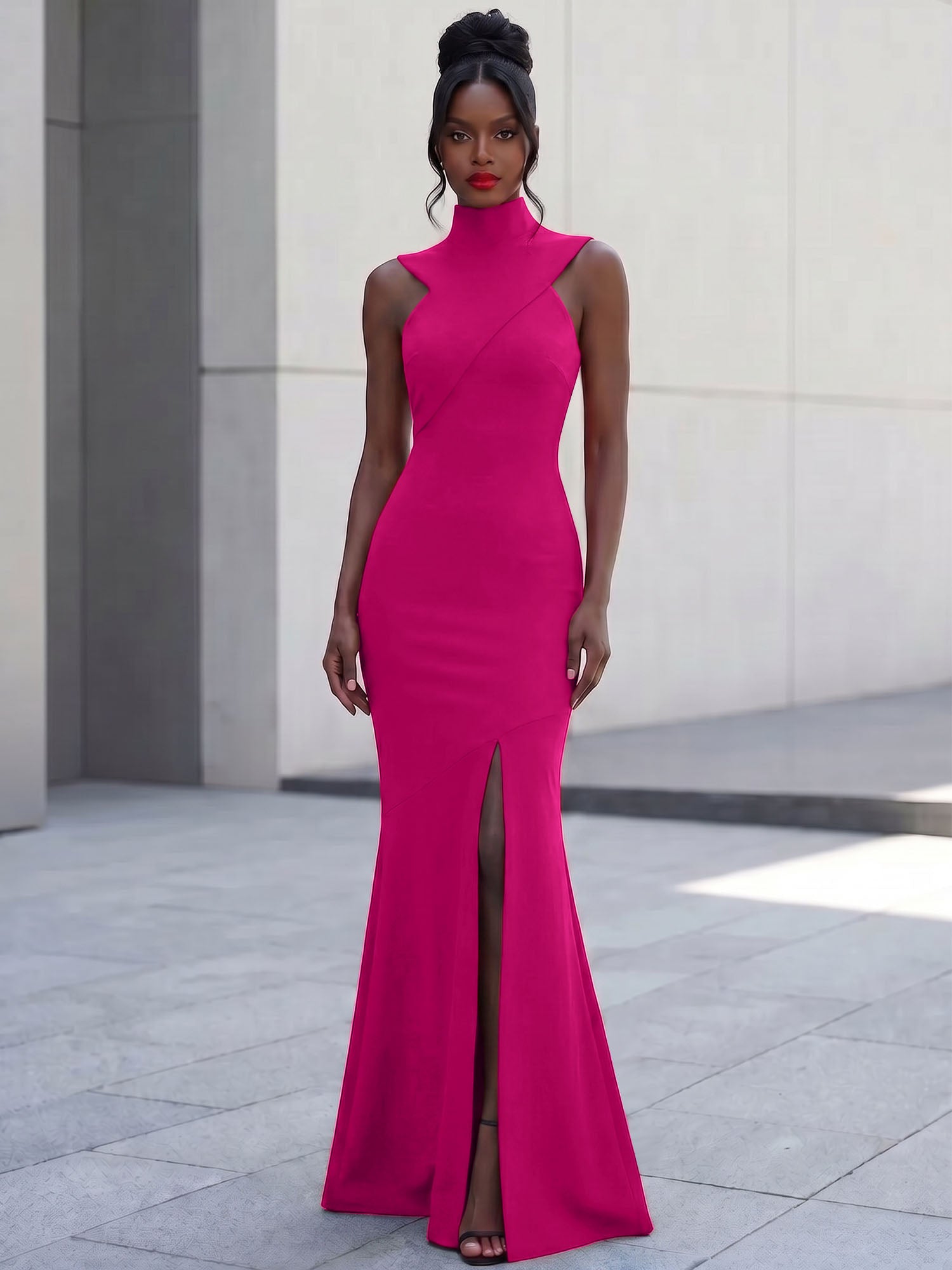 High-Neck Cross-Bodice Sleeveless Maxi Dress