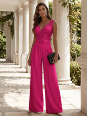 Women Pink Lace Deep V Neck Sleeveless Dressy Jumpsuit