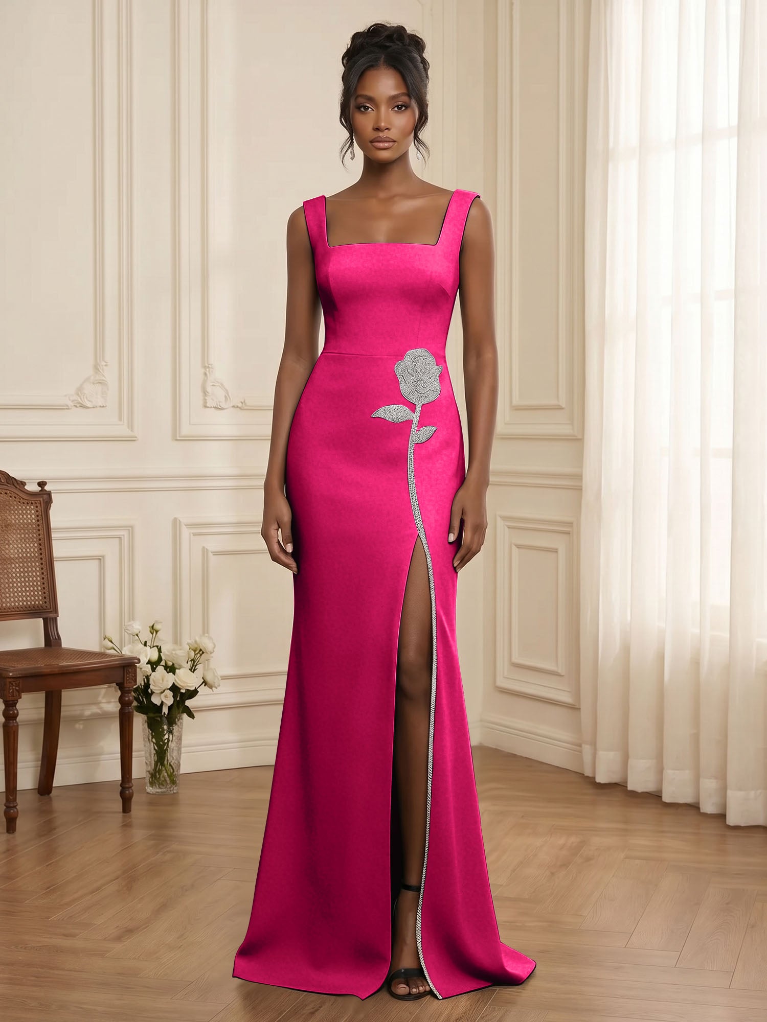 Formal Evening Dress Glamorous Black Square-Neck Crystal Rose Slit Gown
