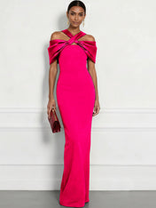 Regal Plum Crepe Column Gown with Satin Criss-Cross Halter Maxi Dress