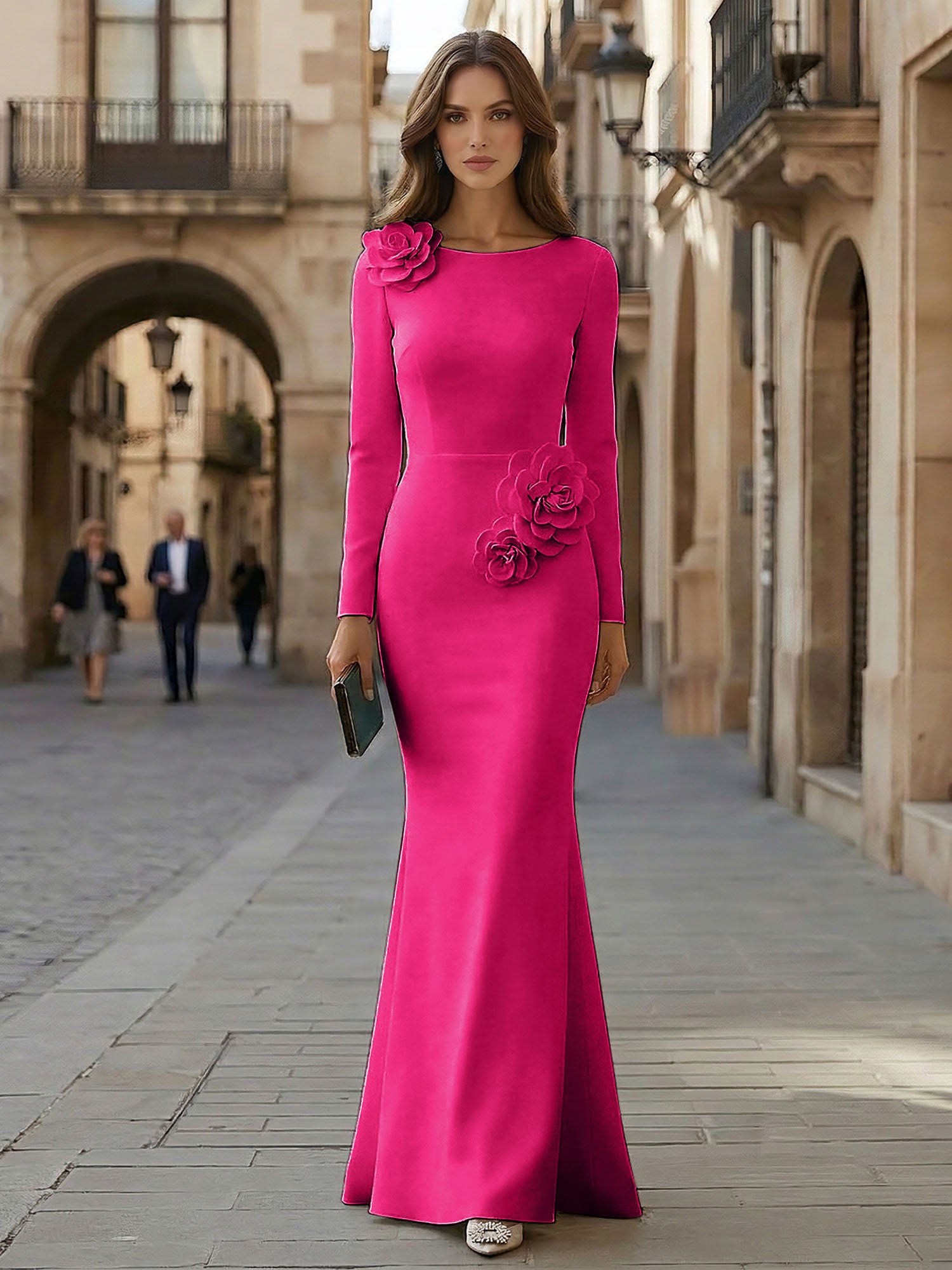 Elegant Pure White Formal Evening Dress Long-Sleeve 3D Floral Crepe Maxi Dress Gown