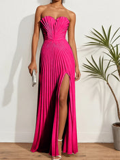 Pleated Classic Strapless Sleeveless A-Line Maxi Dress