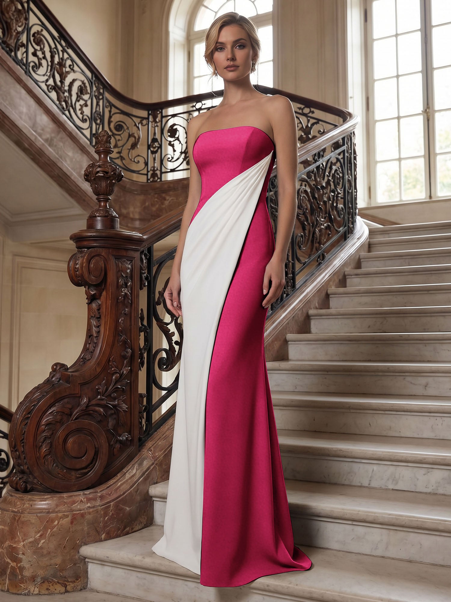 Black White Sheath Strapless Elegant Maxi Formal Dress