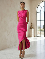 Elegant Formal Evening Gown Butter Yellow Ruched Asymmetrical Midi Dress