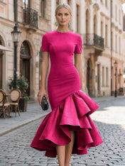 Evening Foraml Gown Avant-Garde Black Short-Sleeve Tiered Ruffle Midi Dress