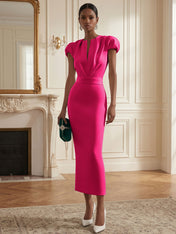 White Ruched Classic Notched Short Sleeve Puff Sleeve Sheath Midi Dress