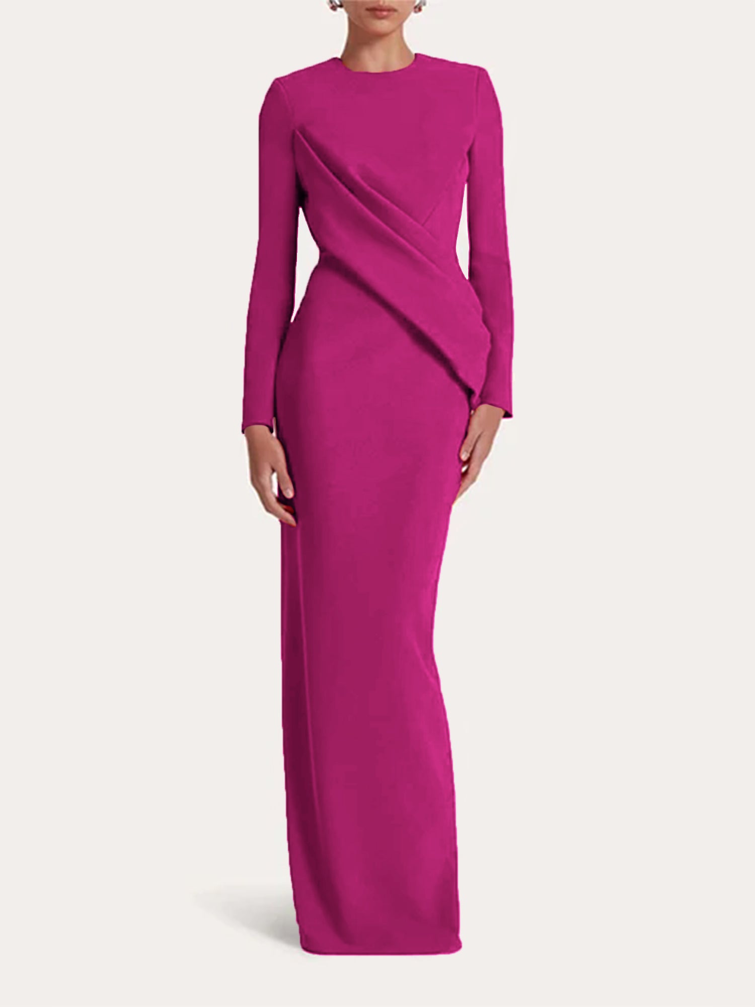 Red Sheath/Column Scoop Long Sleeves Chiffon Floor-Length Ruffles Formal Dress
