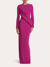 Red Sheath/Column Scoop Long Sleeves Chiffon Floor-Length Ruffles Formal Dress