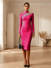 Formal Evening Gown Striking Obsidian Black Crystal Cutout Bodycon Midi Dress