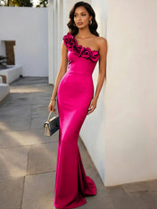 Navy Blue 3D Floral Classic One Shoulder Sleeveless Mermaid Gown Dress
