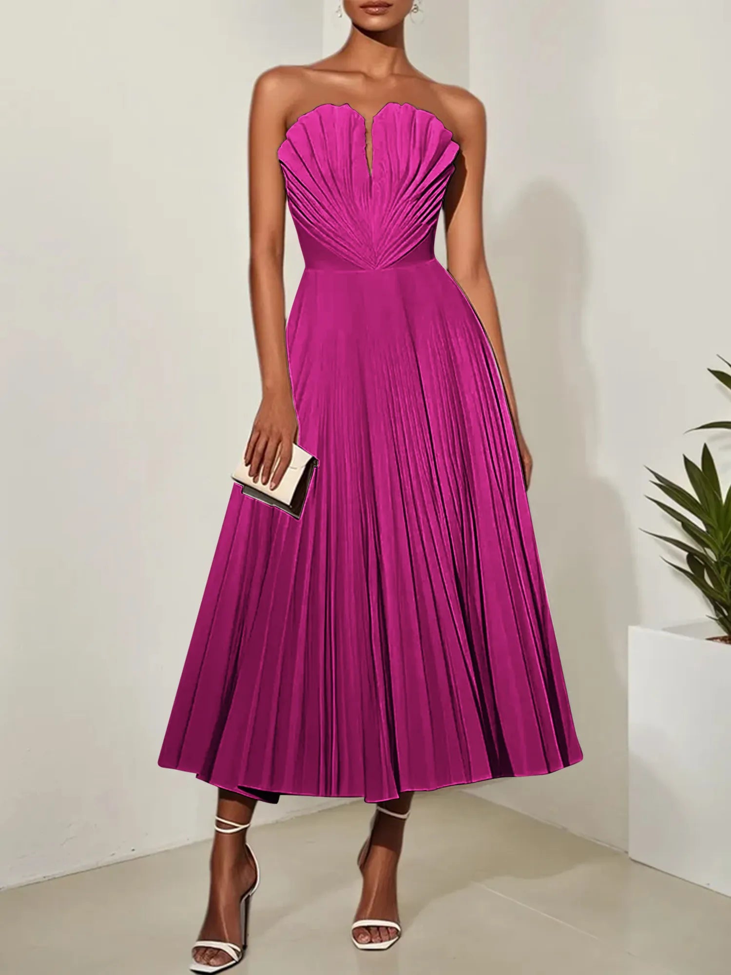 White Pleated Classic Strapless Sleeveless A-Line Midi Dress