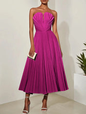 White Pleated Classic Strapless Sleeveless A-Line Midi Dress