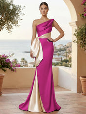 One Shoulder Mermaid Satin Pleat Evening Dresses with Bow