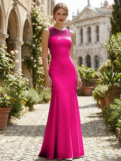 Pure White Sequin Neckline Sleeveless Mermaid Maxi Dress Gown