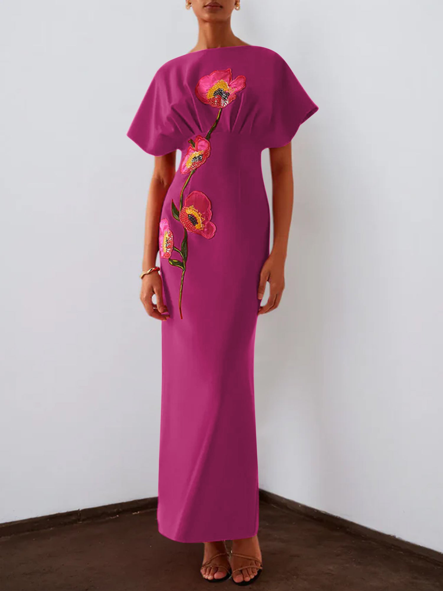 Red 3D Floral Appliqué Boat Neck Short Sleeve Backless Sheath Maxi Dress
