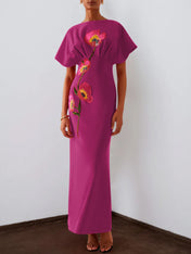 Red 3D Floral Appliqué Boat Neck Short Sleeve Backless Sheath Maxi Dress