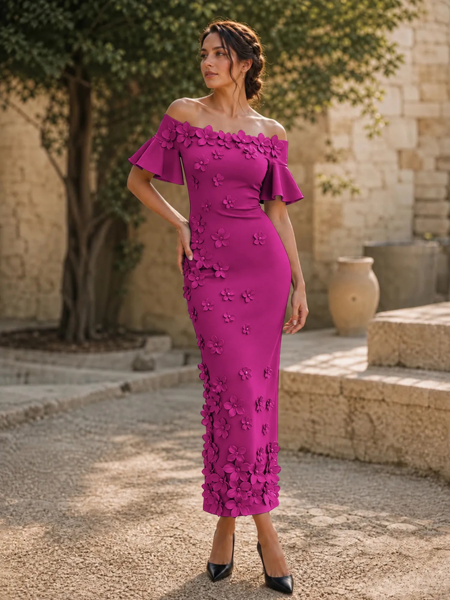 Black 3D Floral Off-The-Shoulder Ankle-Length Gown Dress