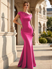 Black One Shoulder Maxi Dresses with Pleat Mermaid Formal Dress