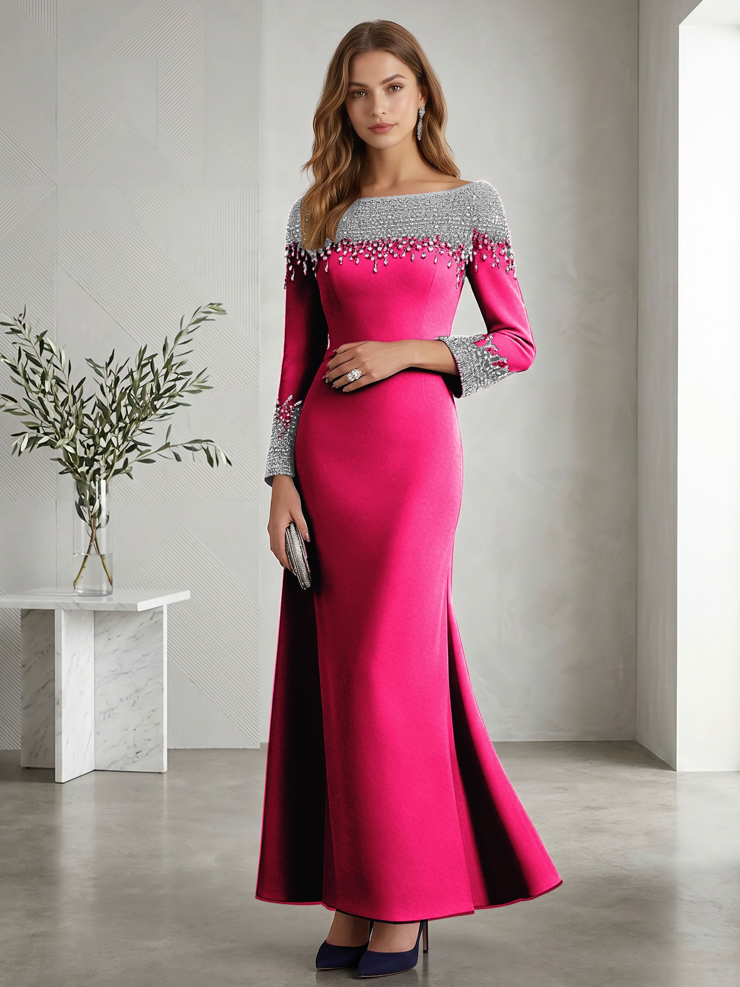 Formal Evening Dress Midnight Navy Velvet Long Sleeves Maxi Dress with Crystal