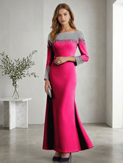 Formal Evening Dress Midnight Navy Velvet Long Sleeves Maxi Dress with Crystal