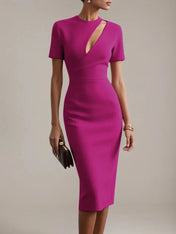 Red Sheath/Column Stretch Crepe Scoop Neck Short Sleeves Tea Length Dresses