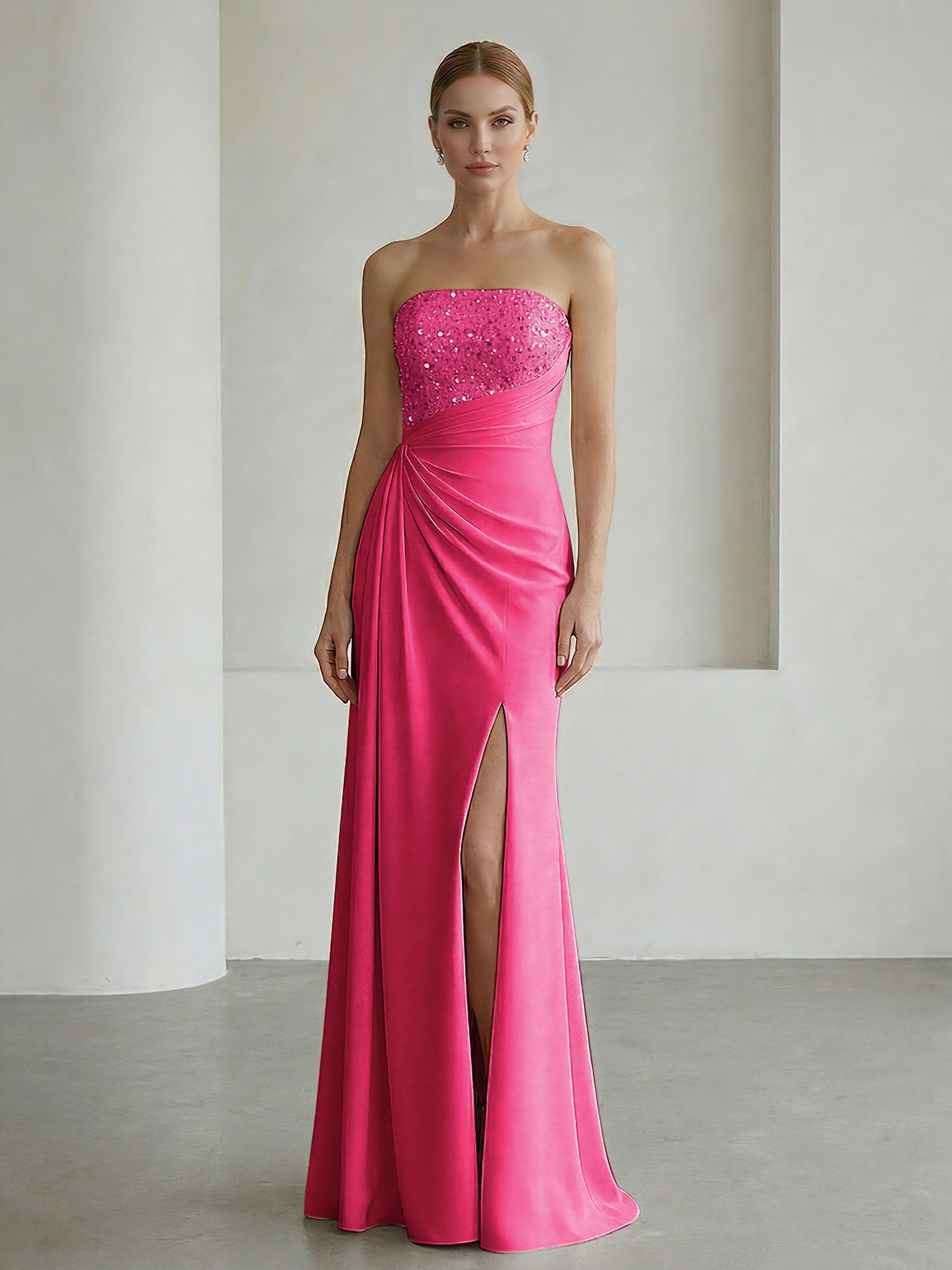 Glamorous Formal Evening Dress Soft Blush Beaded Strapless Slit Gown