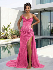 Gold Strapless Pearl-Embellished Corset Prom Dress with Slit