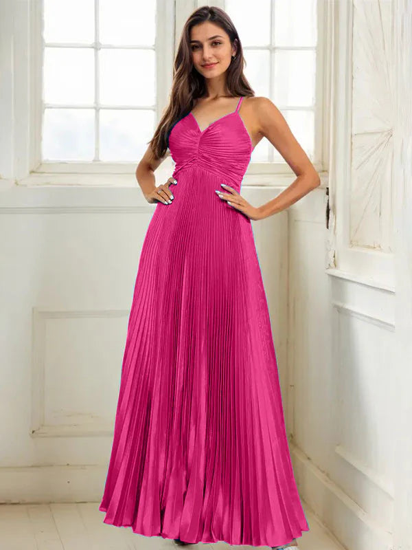 Fuchsia A Line Spaghetti Straps Pleated Long Prom Dress