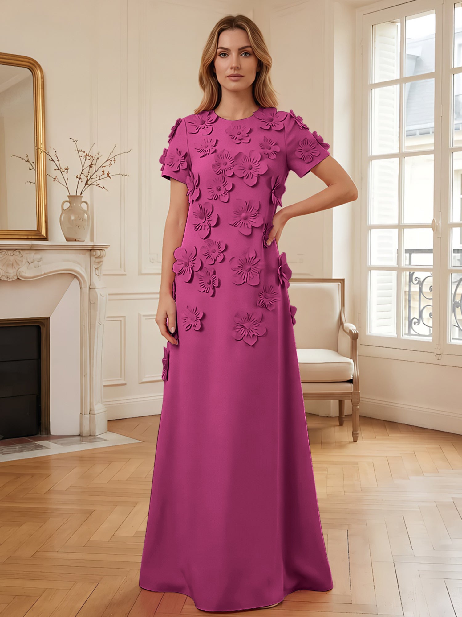 Short Sleeve Crew Neck A-Line Gown with 3D Floral Appliques Evening Dresses