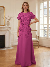 Short Sleeve Crew Neck A-Line Gown with 3D Floral Appliques Evening Dresses