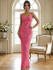 Sparkly Champagne Crystal Mesh Square Neck Long Prom Dress