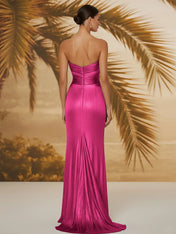 Evening Formal Dress V Neck Silk Ruffles Strapless Maxi Dress
