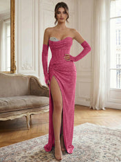 Blue Beaded Corset Long Prom Dress with Matching Gloves