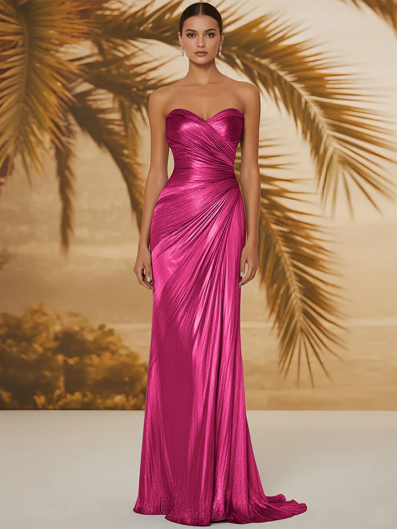 Evening Formal Dress V Neck Silk Ruffles Strapless Maxi Dress