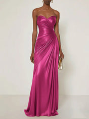 Evening Formal Dress V Neck Silver Silk Ruffles Strapless Maxi Dress