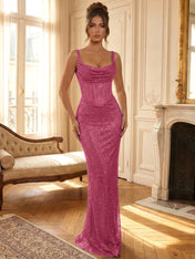 Sparkly Blue Shimmer Cowl Neck Corset Prom Dress