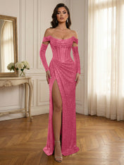 Silver Sequin Off-the-Shoulder Long Sleeves Corset Prom Dress with Slit