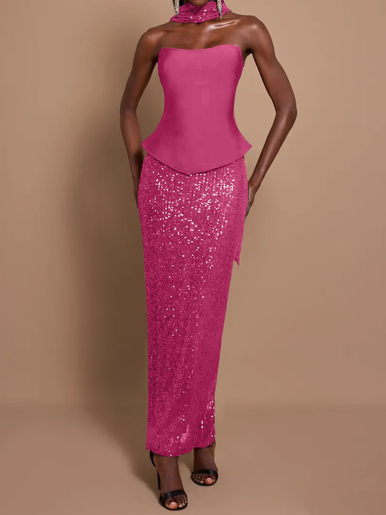 Off-Shoulder Bandage Top & Sequin Midi Skirt Set