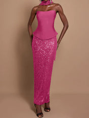 Off-Shoulder Bandage Top & Sequin Midi Skirt Set