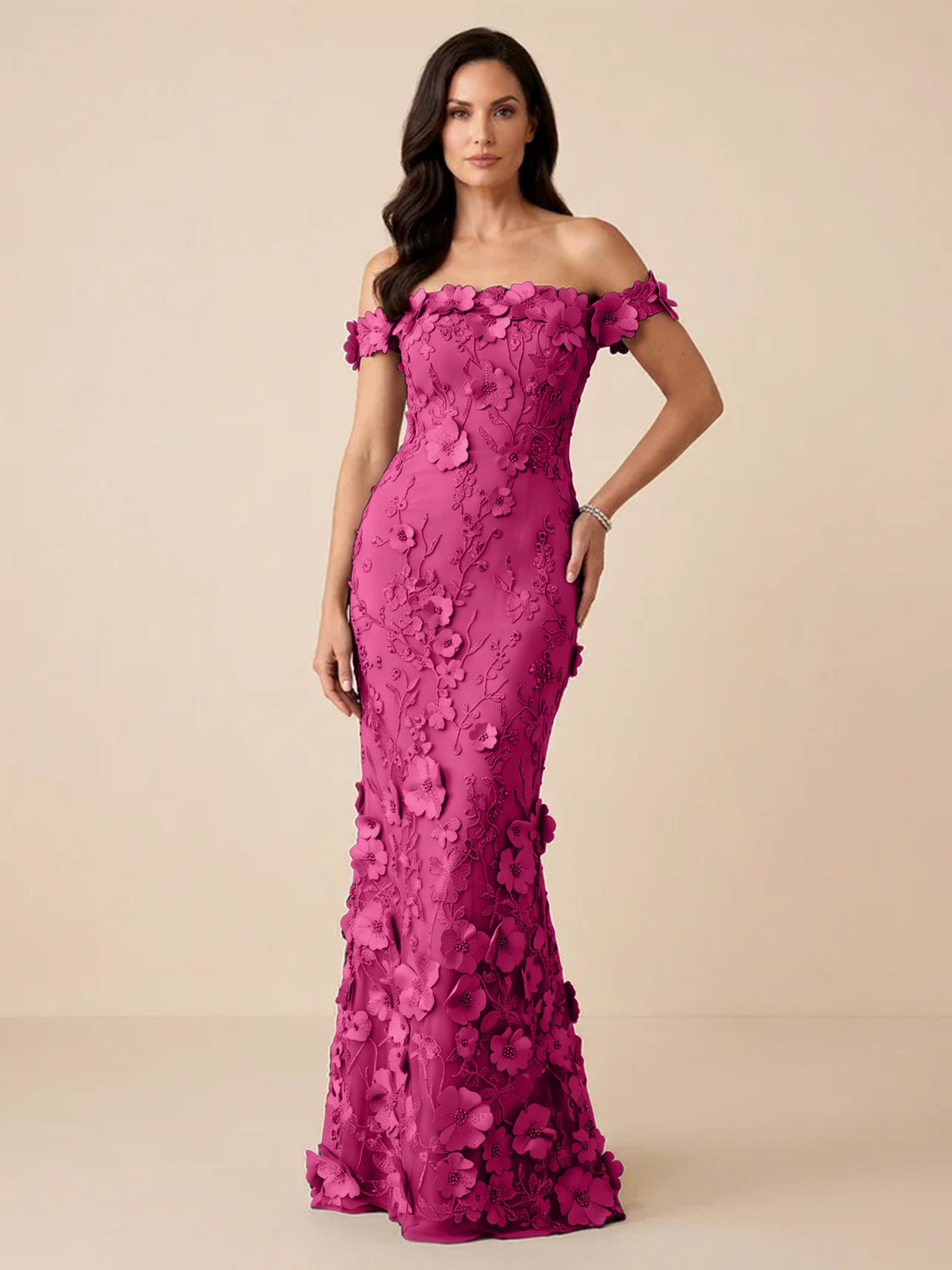 Black Off-the-Shoulder 3D Floral Mermaid Formal Gown Evening Dress