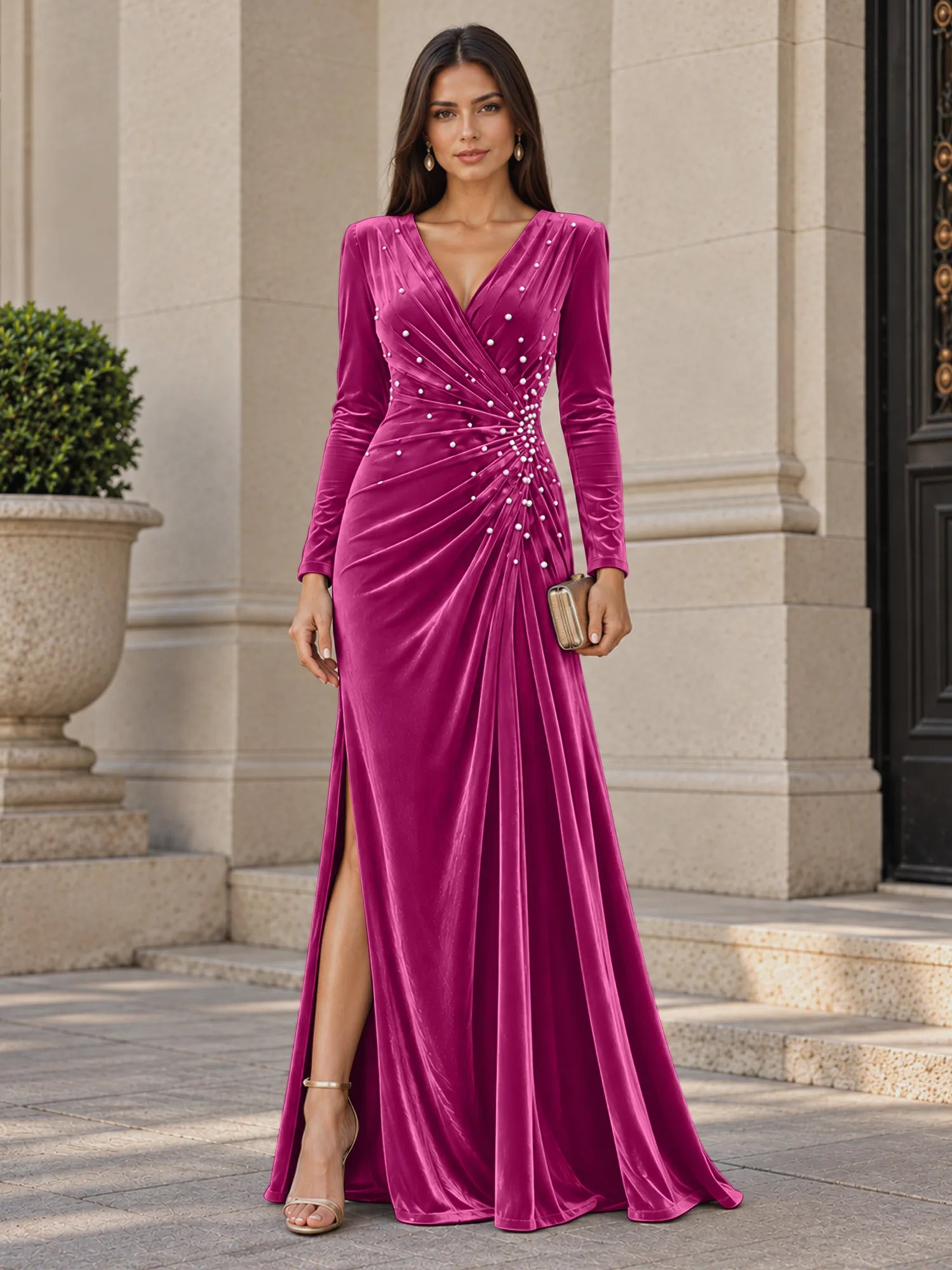V-Neck Pearl Ruched Burgundy Velvet Floor-Length Evening Dresses with Long Sleeves