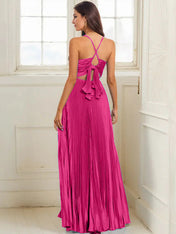 Fuchsia A Line Spaghetti Straps Pleated Long Prom Dress
